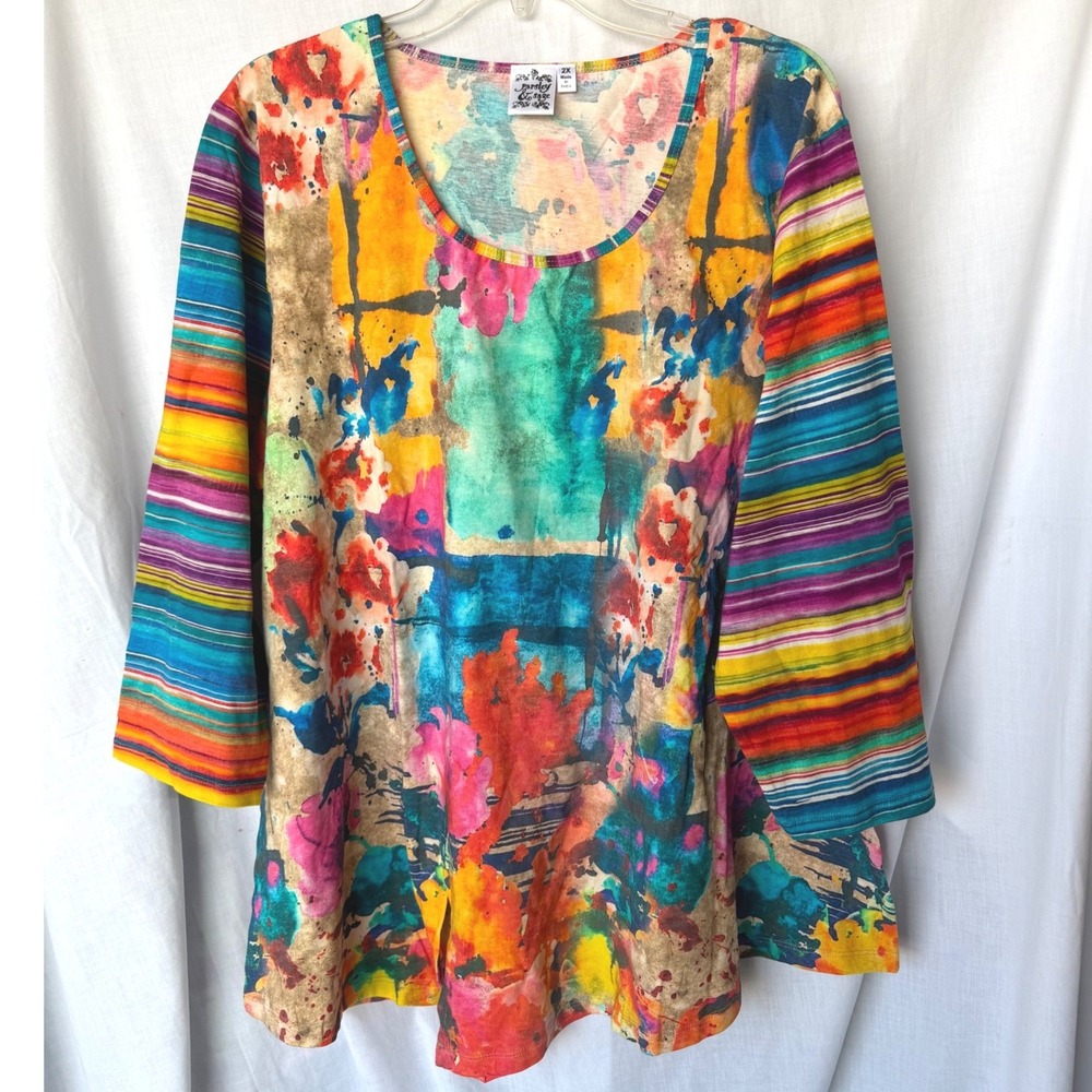 Parsley & Sage Tunic Top Lagenlook Multi Color Abstract Floral Striped Plus 2X